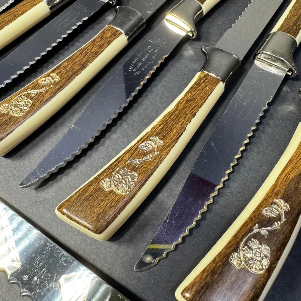Lifetime Cutlery 15pc Knife Set Regent Sheffield Gold Rose Stainless Steel VTG‎